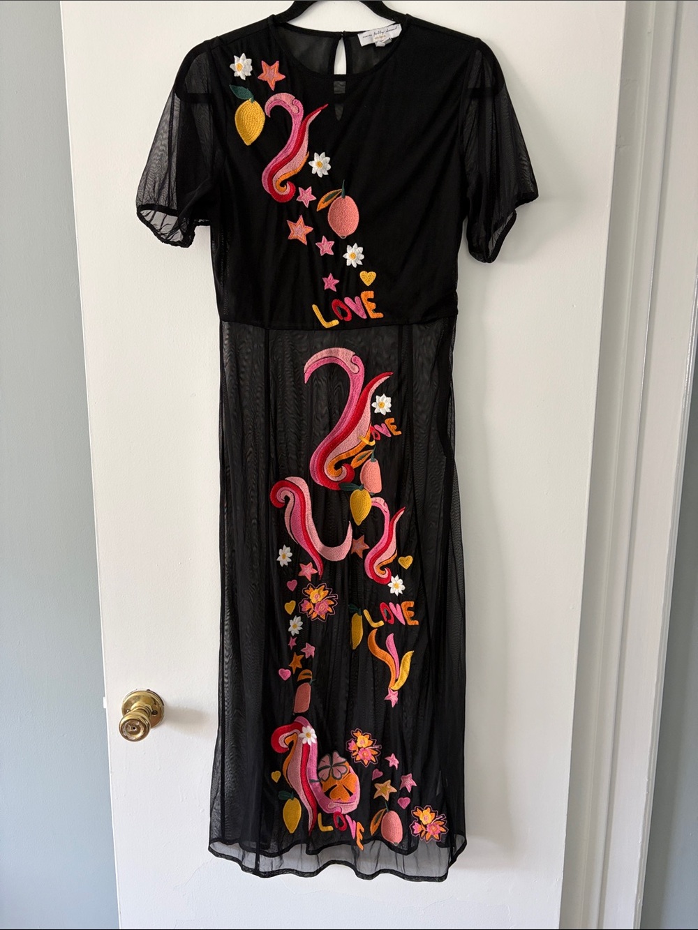 Never Fully Dressed Black Mesh Maxi Dress with Pink and Yellow Embroidery